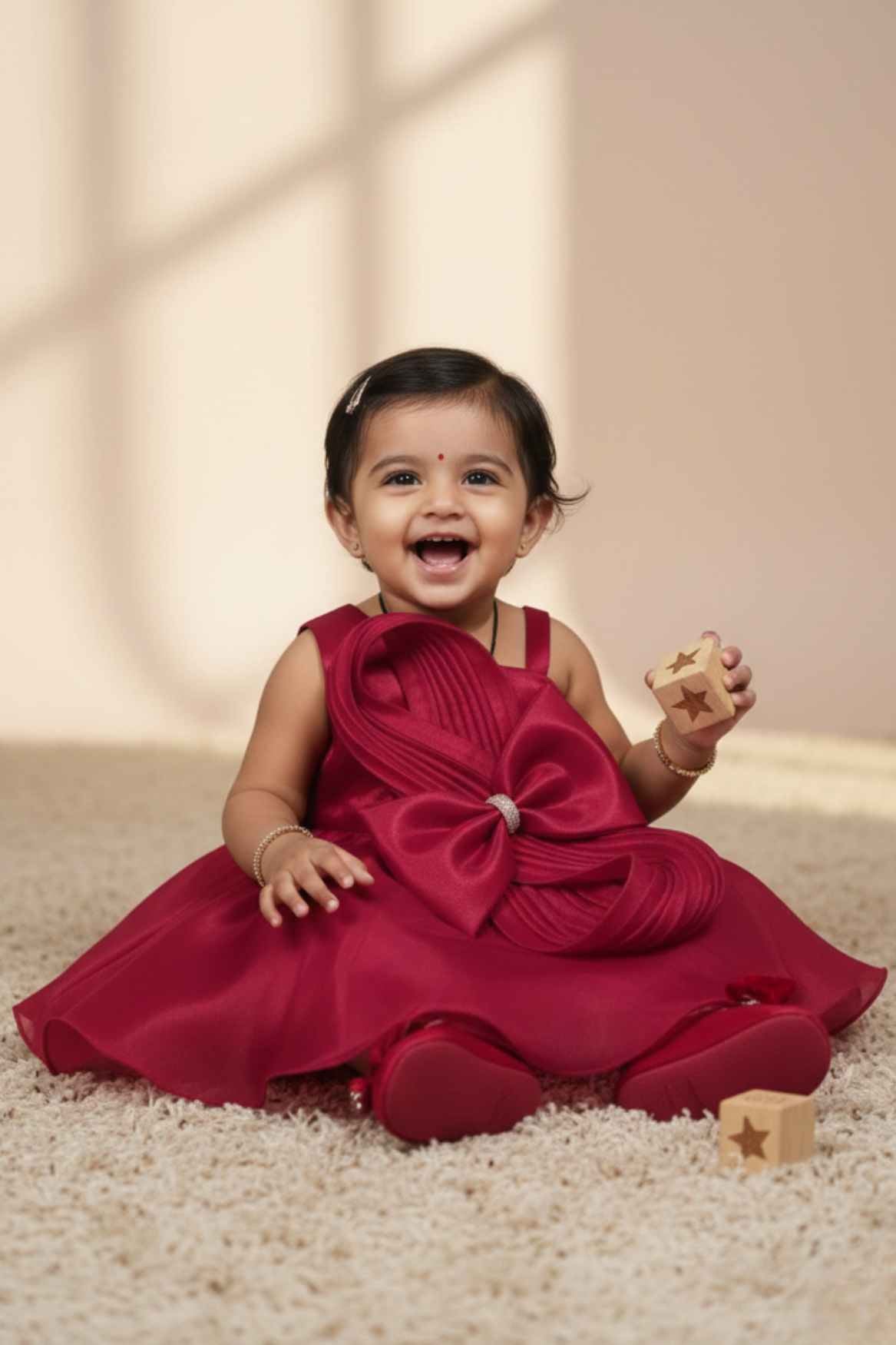 Rani Pink Embellished Party Frock with Pleated Petal Bow For Girls