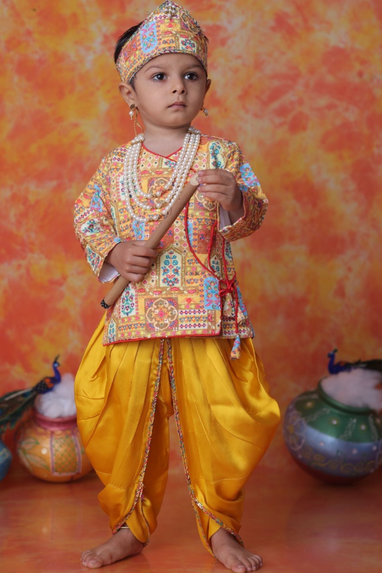Mustard Yellow Patola Print Krishna Kurta Dhoti Set for Boys