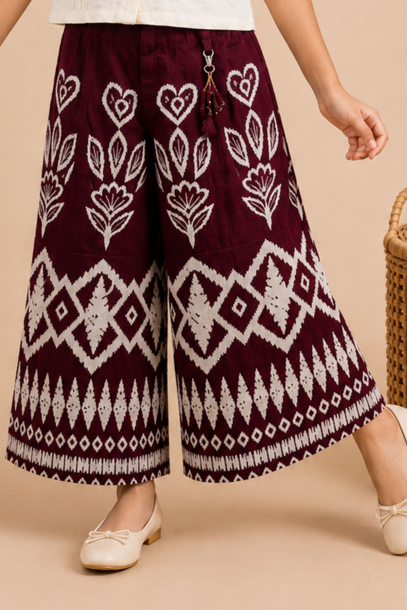 Girls Maroon Puff Sleeve Shirt Top And Printed Wide-Leg Culotte Co-Ord Set