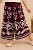 Girls Maroon Puff Sleeve Shirt Top And Printed Wide-Leg Culotte Co-Ord Set