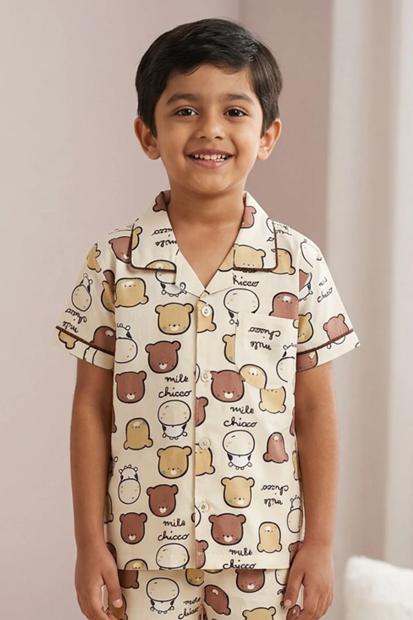 Boys Beige Cartoon Bear Print Night Suit Set