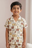 Boys Beige Cartoon Bear Print Night Suit Set