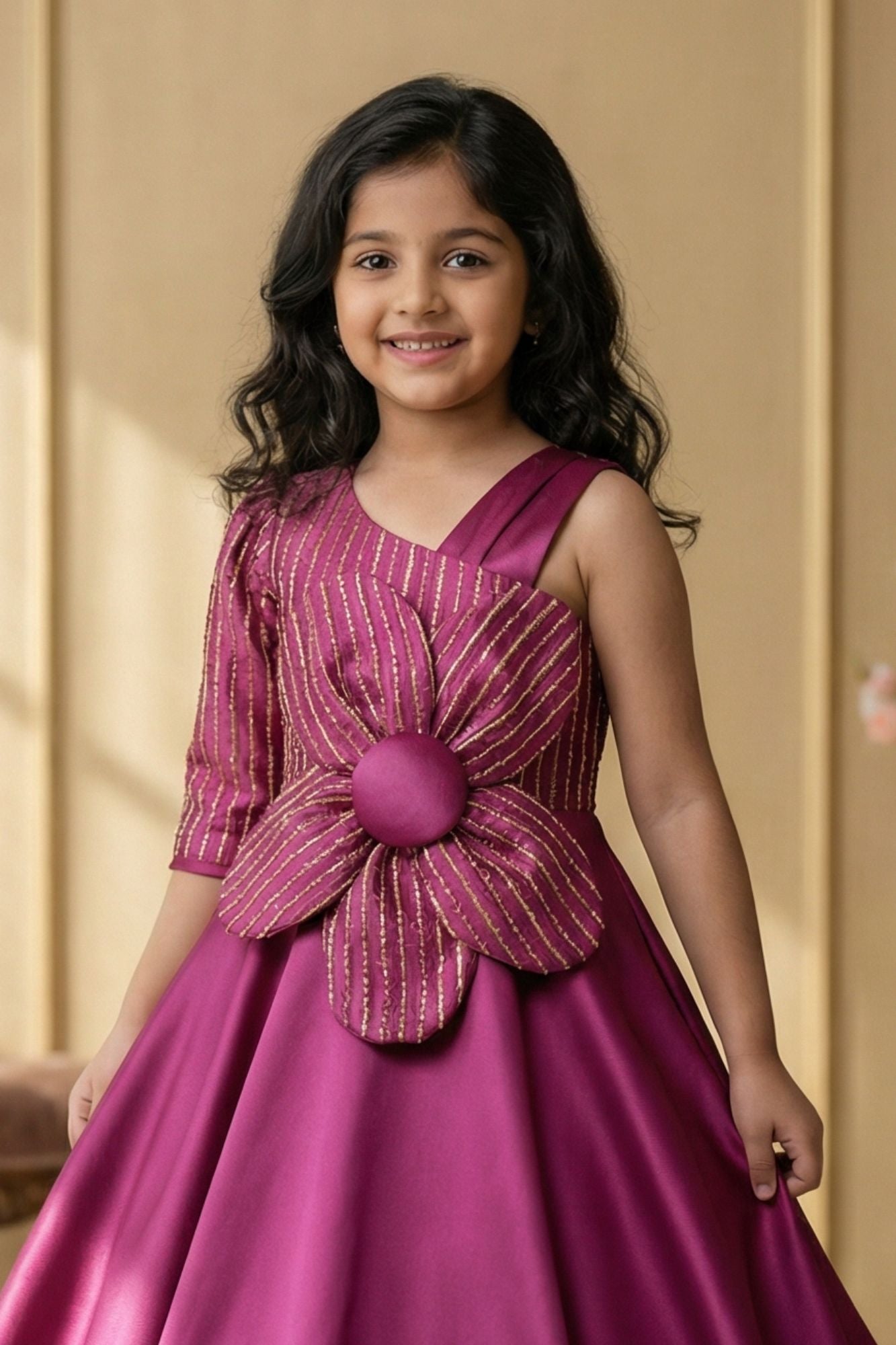 Magenta Floral Embellished Party Gown For Girls