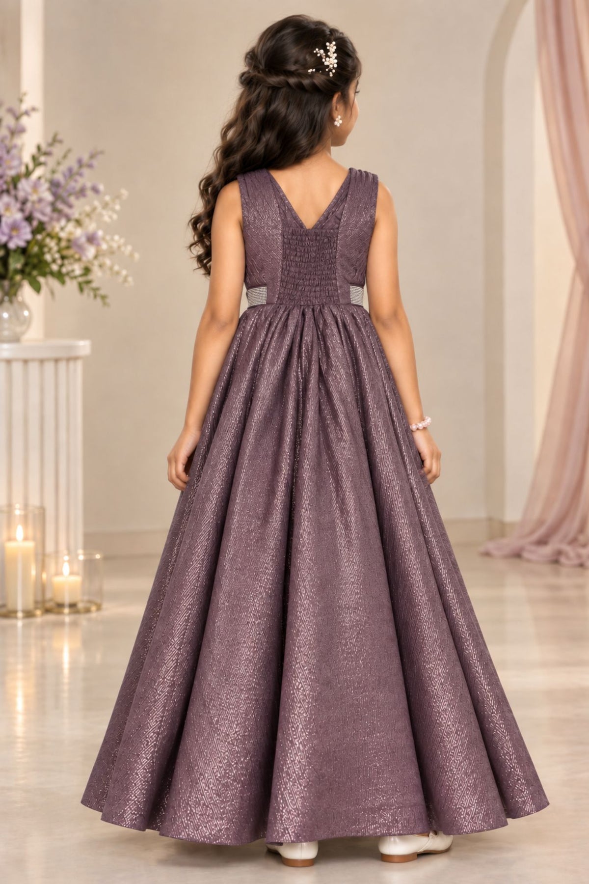 Elegant Sleeveless Wine Shimmer Party Wear Gown For Girls
