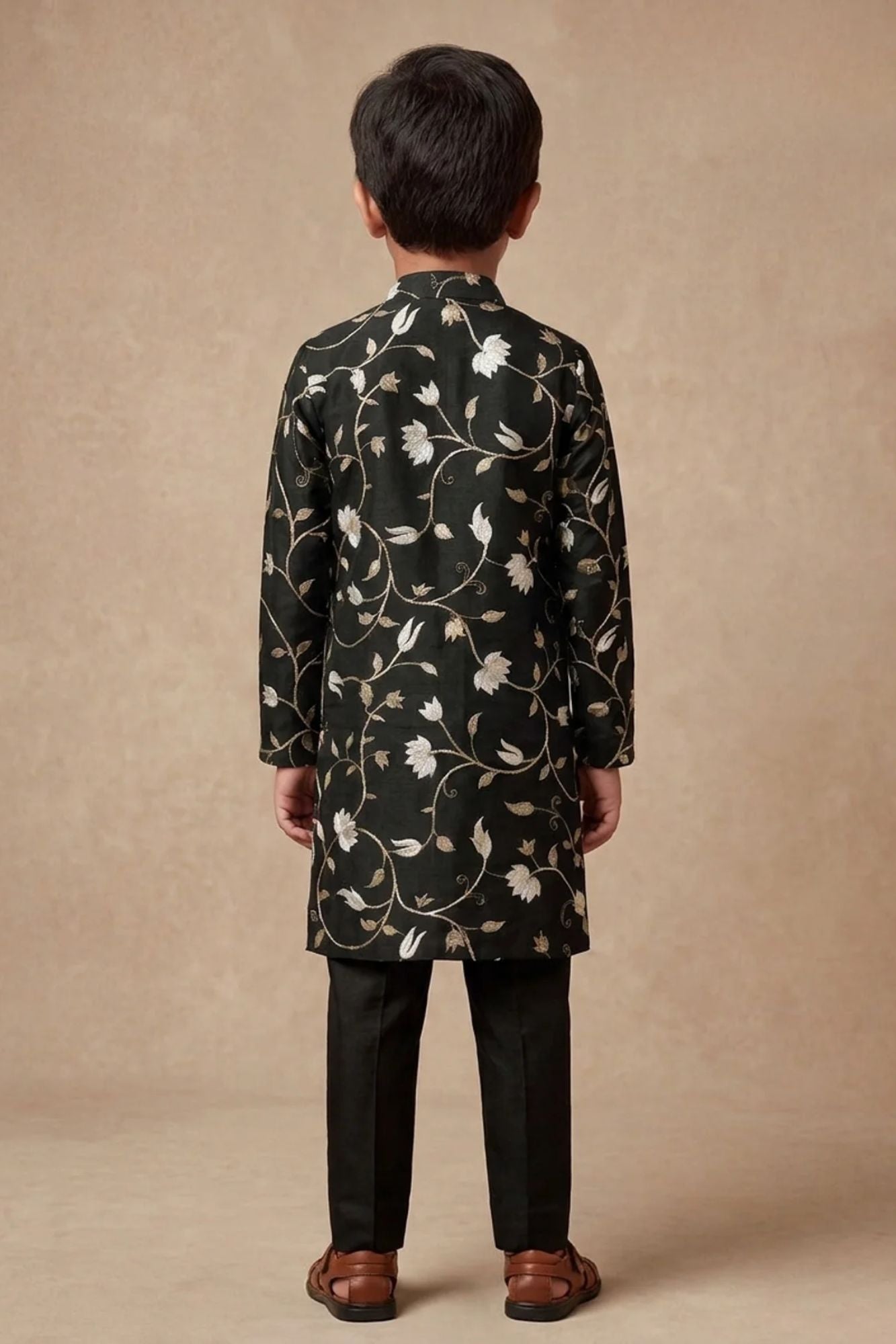 Boys Black Kurta Pajama Set with Floral Gota Patti And Sequin Work