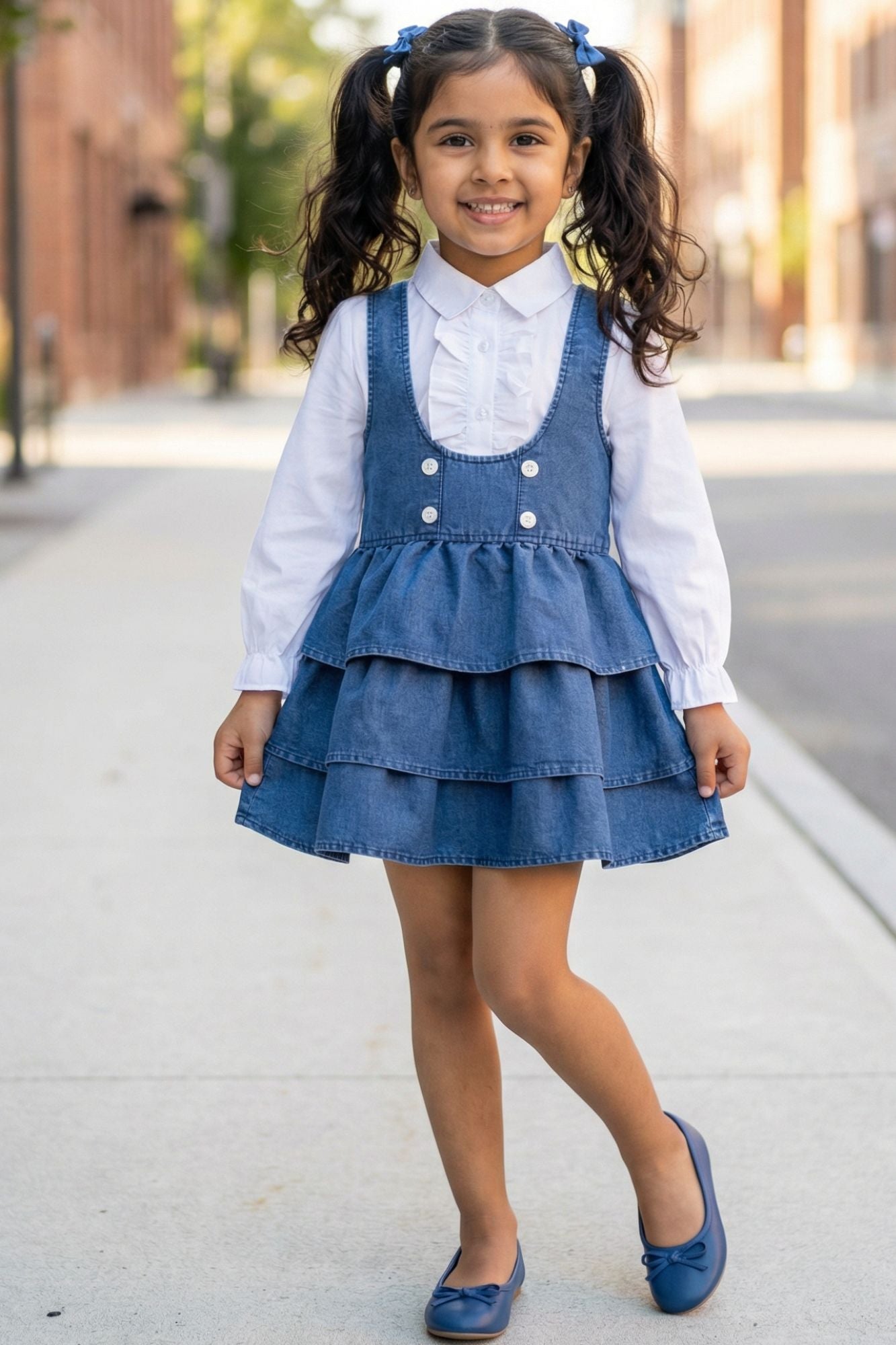 Girls Blue Denim Layered Dress with White Shirt 7-8Y (30) Girls Blue Denim Layered Dress with White Shirt 7-8Y (30)