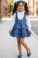 Girls Blue Denim Layered Dress with White Shirt