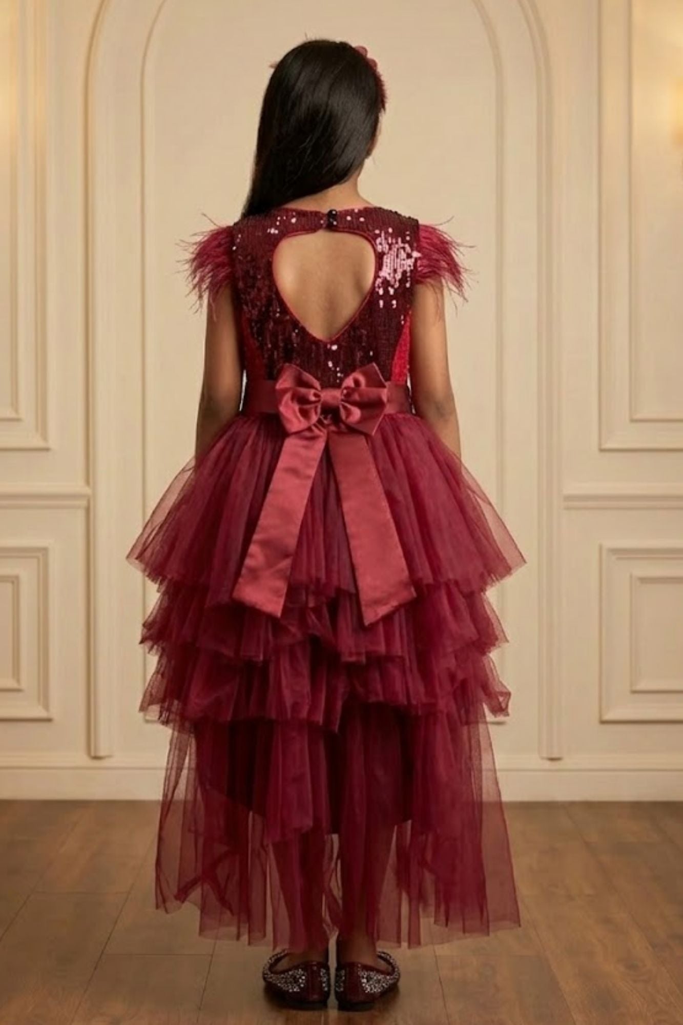 Girls Wine Red High-Low Sequin Party Wear Frock with Layered Net Ruffles