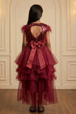 Girls Wine Red High-Low Sequin Party Wear Frock with Layered Net Ruffles