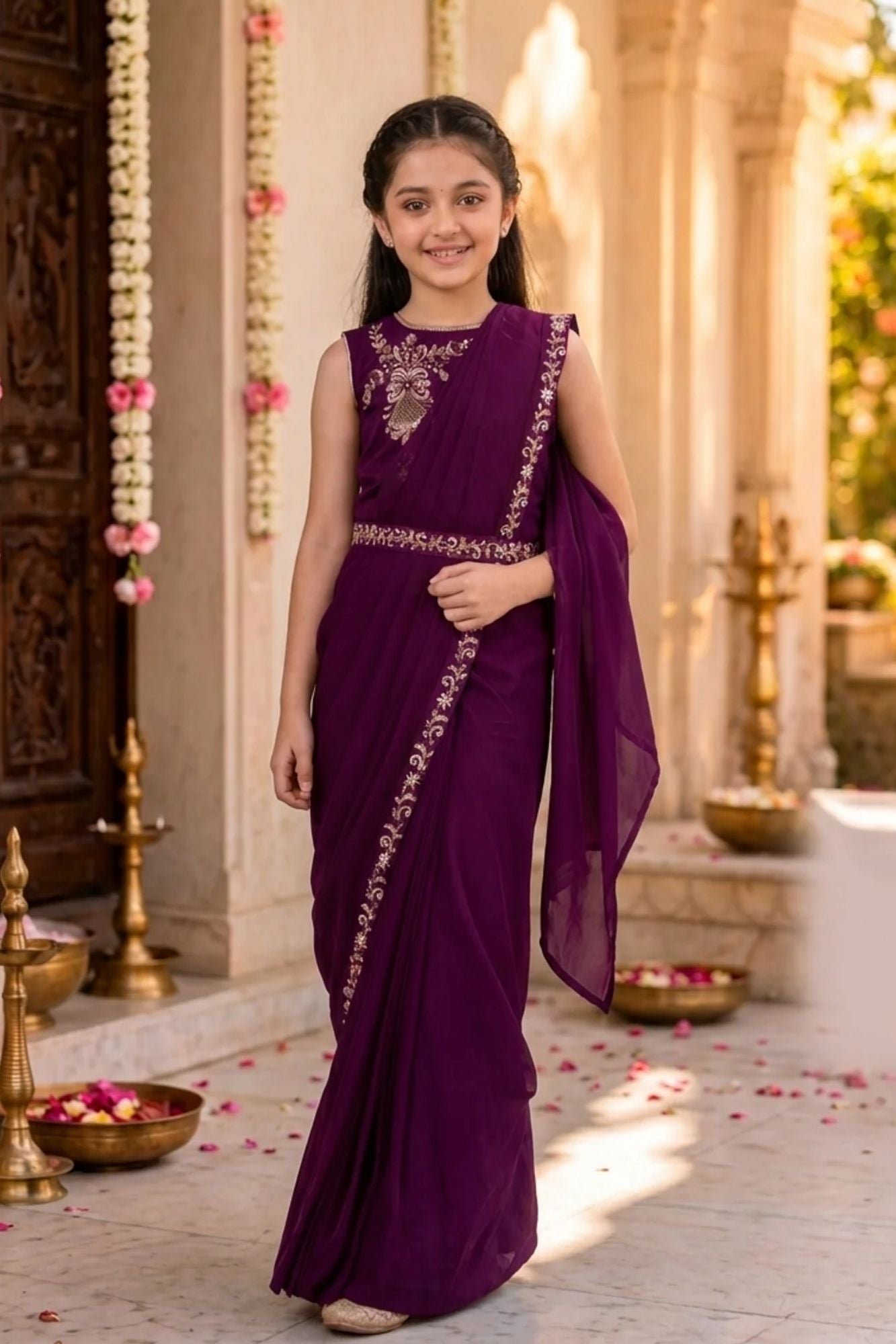Girls Wine Embroidered Ready-to-Wear Saree Set