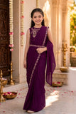Girls Wine Embroidered Ready-to-Wear Saree Set