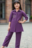 Purple Casual Top With Matching Straight Pant Set For Girls