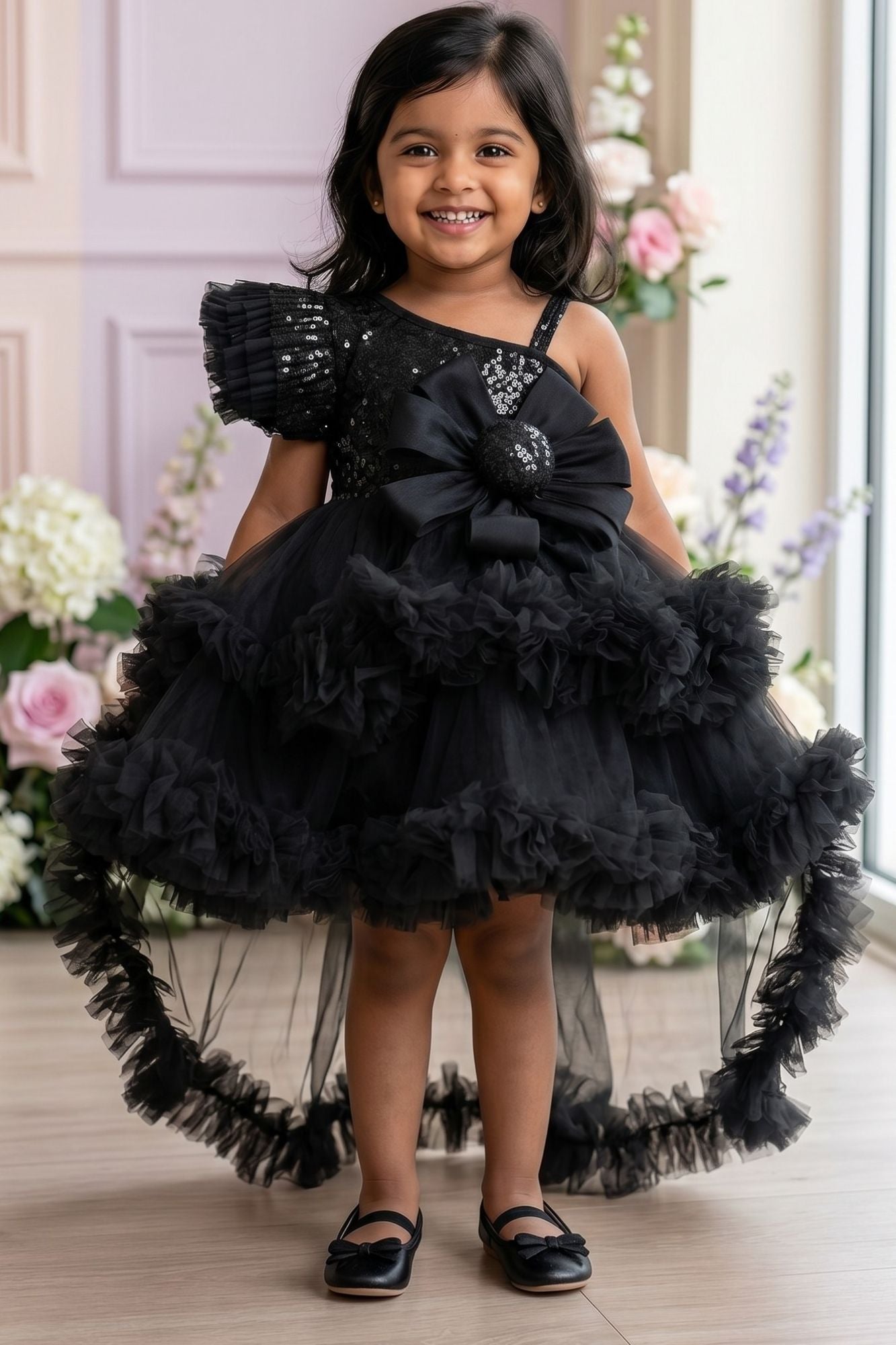 Black One-Shoulder Sequin Party Frock with Layered Tulle For Girls