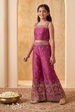 Purple Geometric Diamond Embroidered Crop Top with Jacket and Palazzo Set