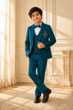 Boys Teal Embroidered Shawl Collar Party Wear Suit Set