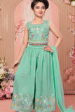 Mint Green Thread Embroidered Palazzo Set For Girls