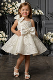 Girls Cream Embroidered Bow Detailed Party Wear Frock