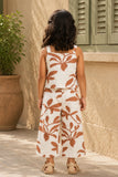 Girls White And Brown Floral Printed Co-Ord Set with Sleeveless Bow Strap Top And Flared Pants
