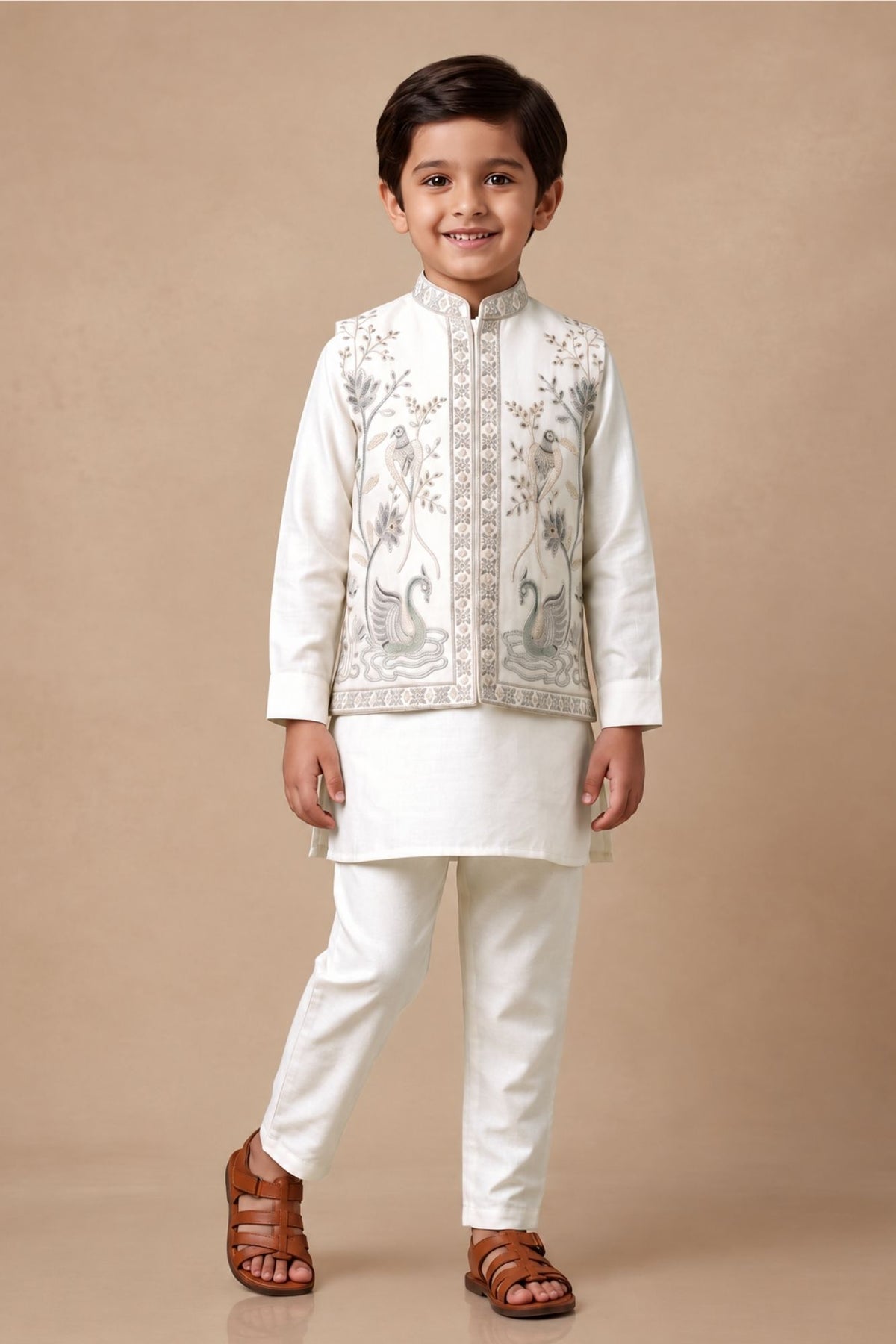 Boys Elegant Ivory Bird And Floral Kurta Set With Nehru Jacket