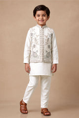 Boys Elegant Ivory Bird And Floral Kurta Set With Nehru Jacket