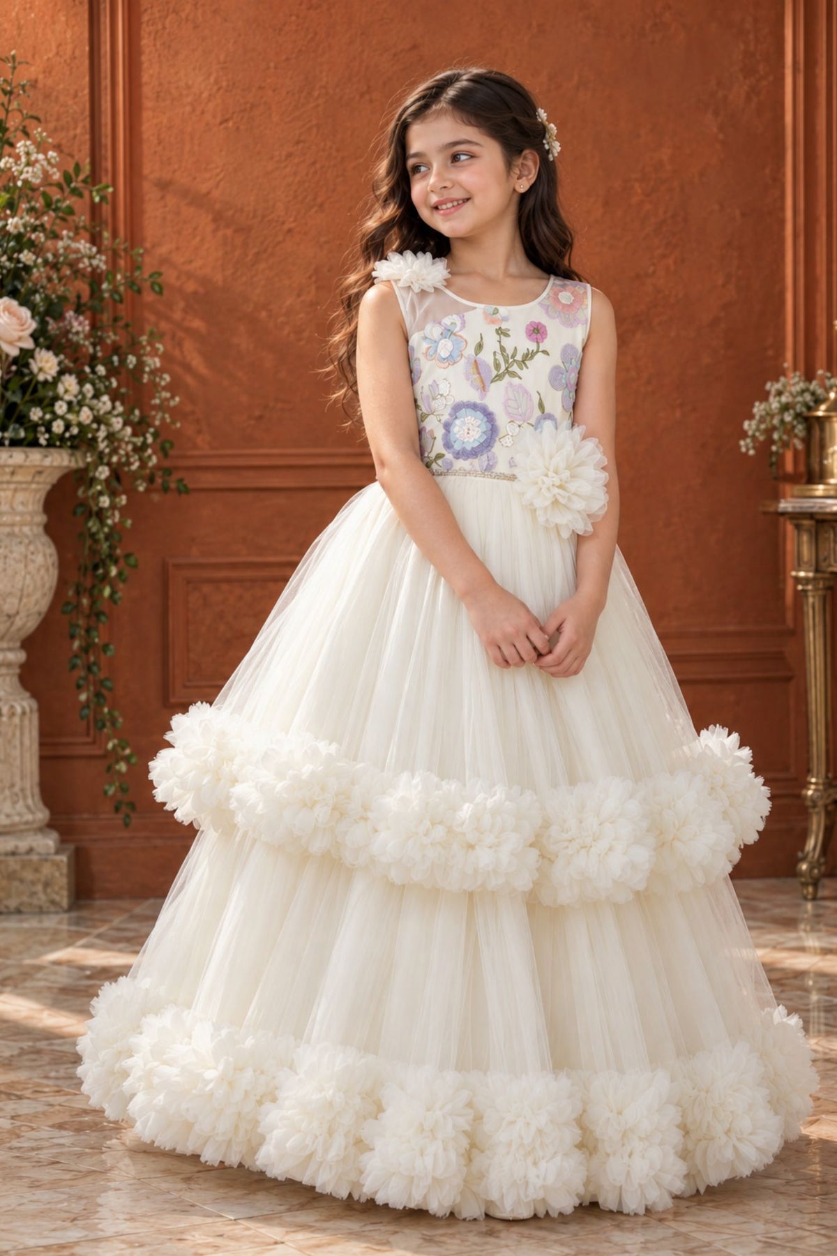 Off-White Floral Embroidered Net Party Gown with Layered Ruffle Hem For Girls