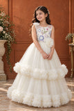 Off-White Floral Embroidered Net Party Gown with Layered Ruffle Hem For Girls
