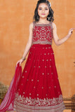 Red Embroidered Lehenga Choli with Dupatta For Girls