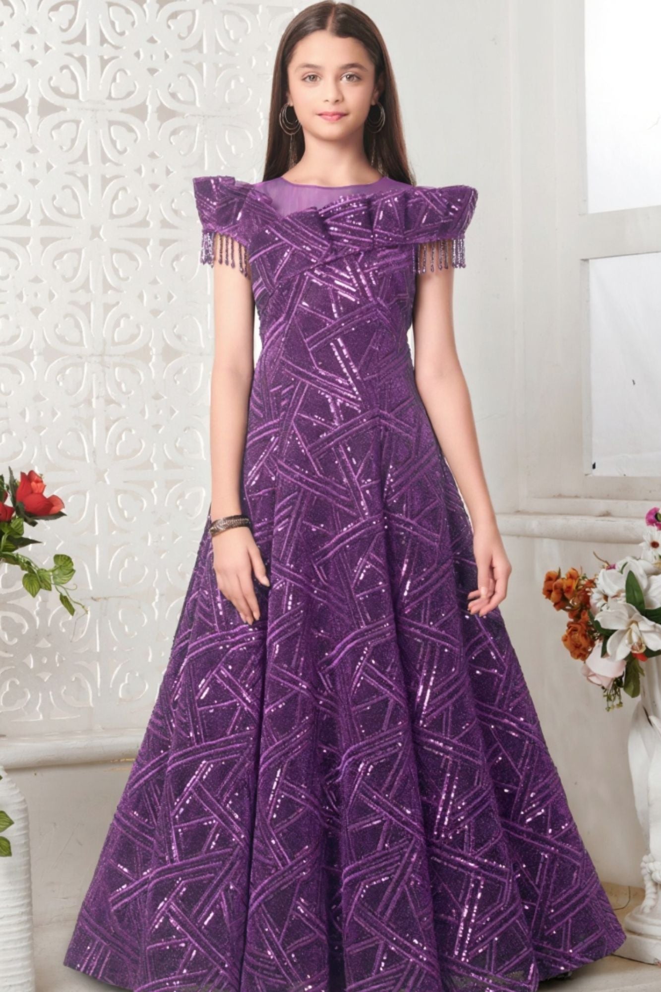 Designer Purple Party Wear Gown with Geometric Sequin Embroidery For Girls
