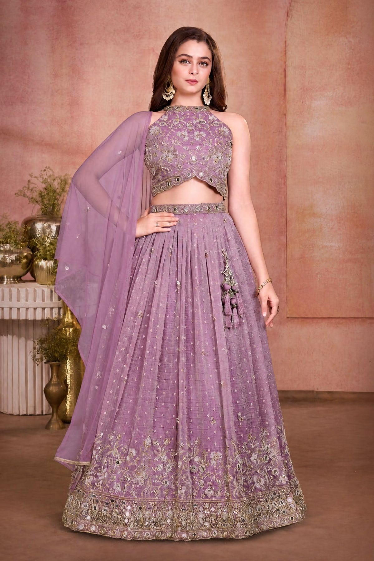 Girls Dusty Purple Mirror Work Floral Embroidered Lehenga Choli Set