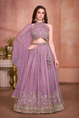Girls Dusty Purple Mirror Work Floral Embroidered Lehenga Choli Set