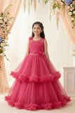 Rani Pink Layered Net Party Gown with Floral Ruffle Hem For Girls