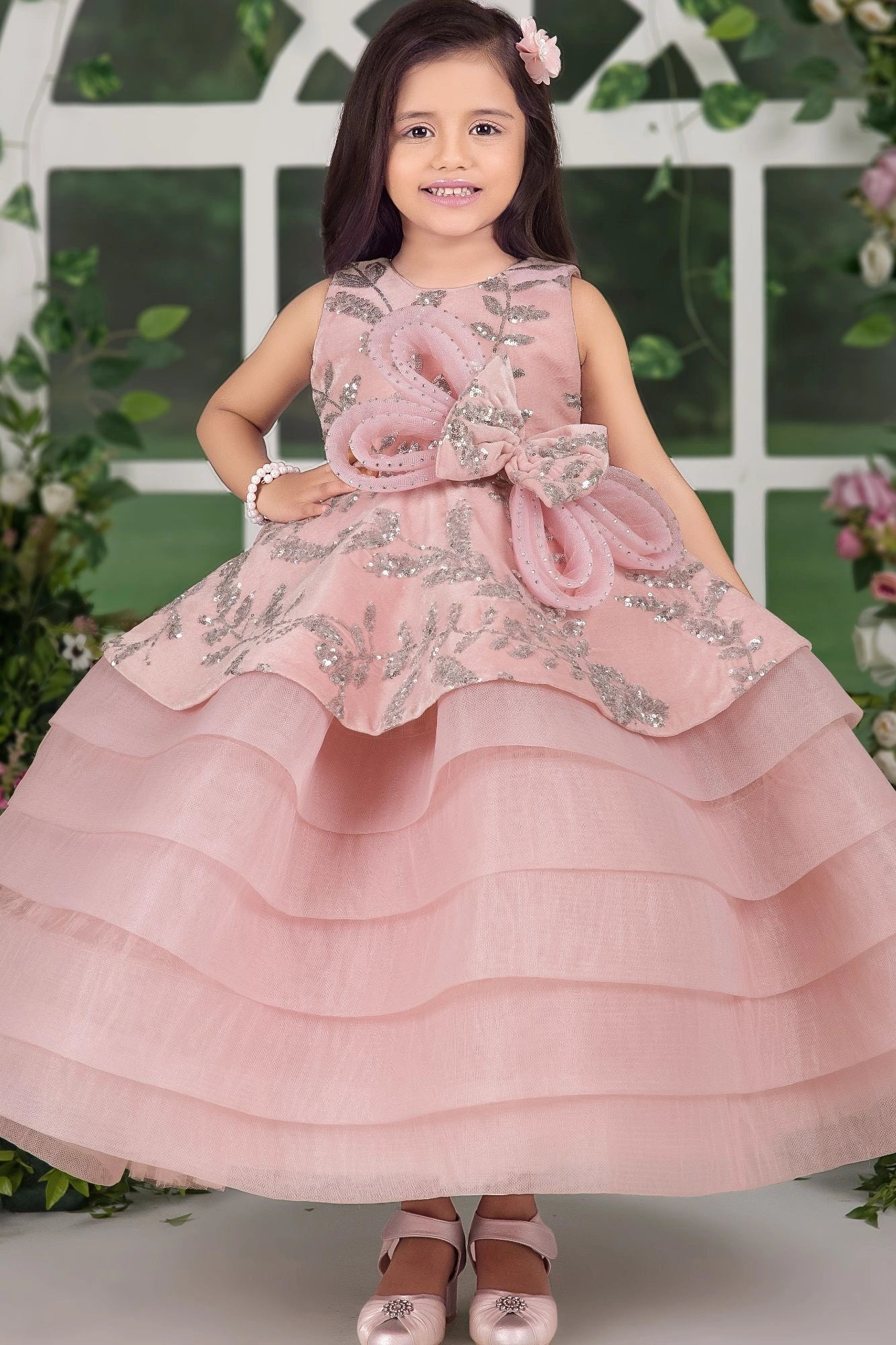Pink Layered Party Gown with 3D Floral Bow For Girls