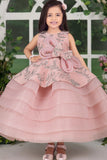 Pink Layered Party Gown with 3D Floral Bow For Girls