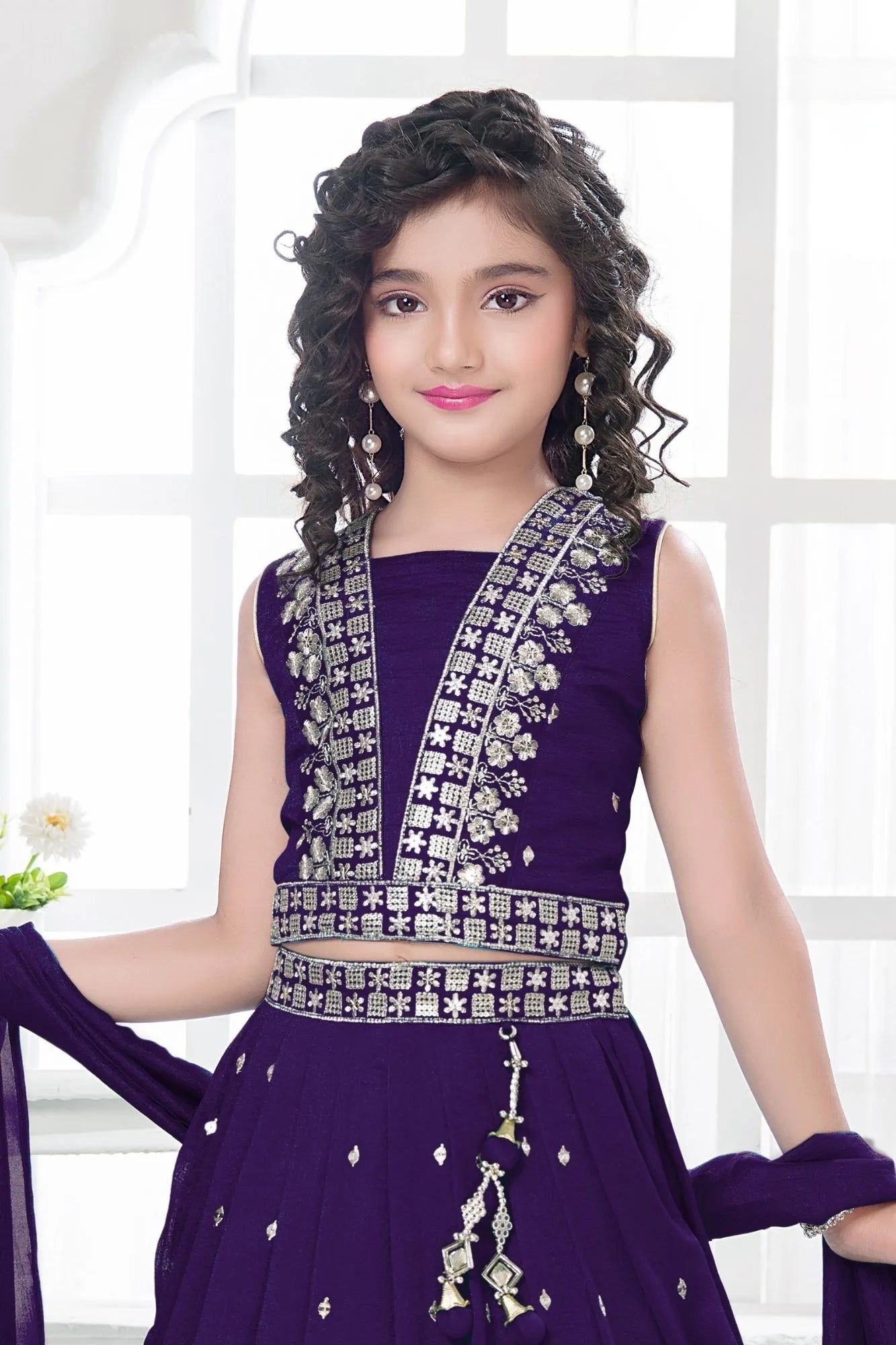 Royal Purple Embroidered Lehenga Choli Set with Dupatta For Girls