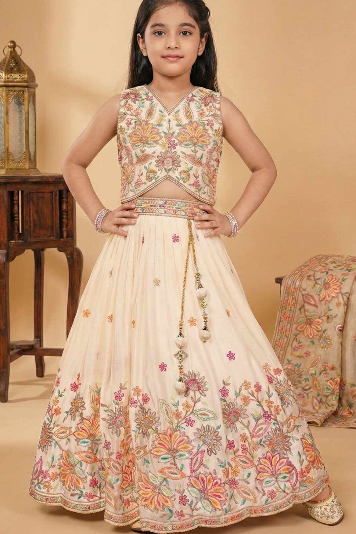 Cream Floral Embroidered Lehenga Choli Set for Girls