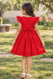 Girls Red Floral Embroidered Ruffle Sleeve Flared Dress