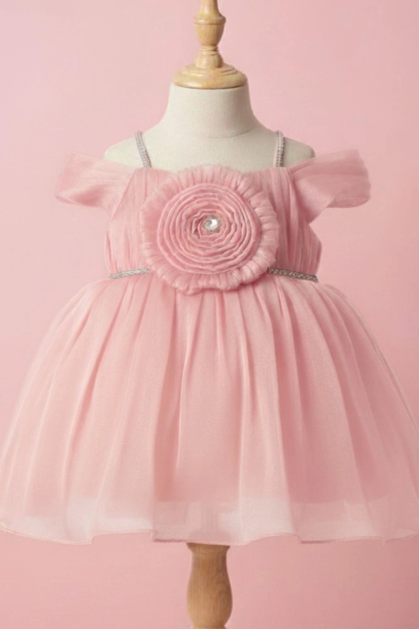 Peach Party Frock with Pleated Flower Appliqué and Shimmer Finish For Girls
