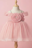 Peach Party Frock with Pleated Flower Appliqué and Shimmer Finish For Girls