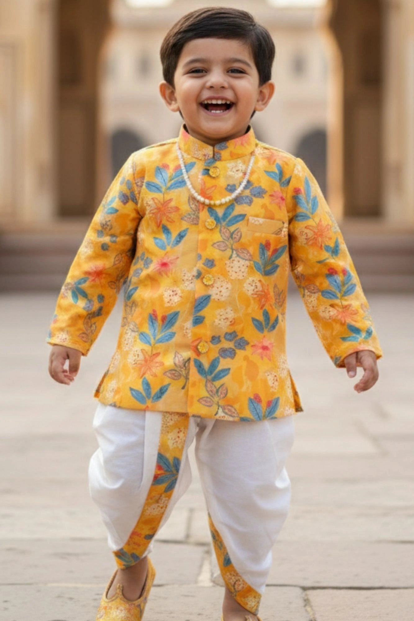 Mustard Yellow Floral Printed Kurta Dhoti Set with Accessories For Boys