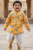 Mustard Yellow Floral Printed Kurta Dhoti Set with Accessories For Boys