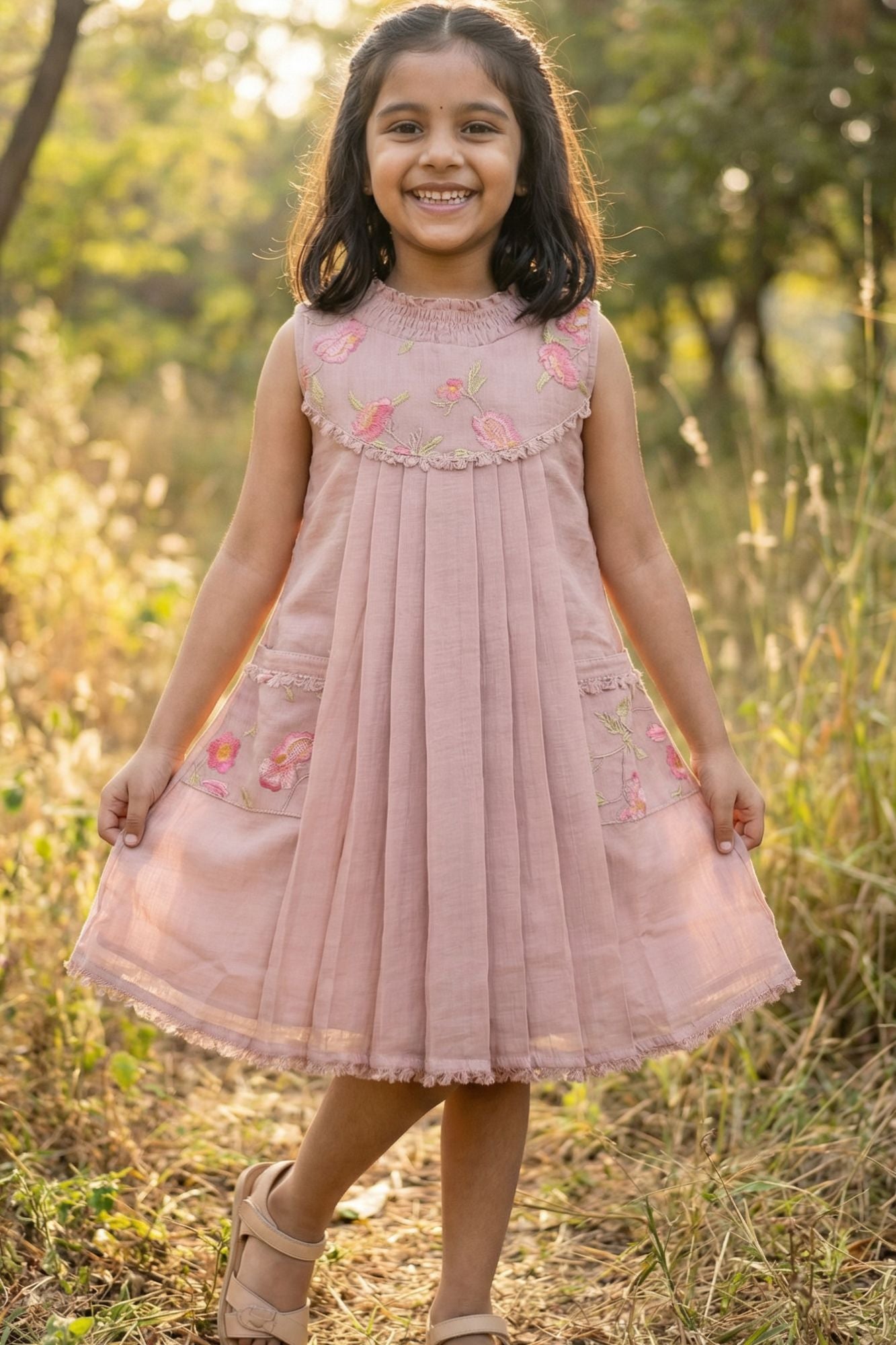 Dusty Pink Floral Embroidered Frock For Girls