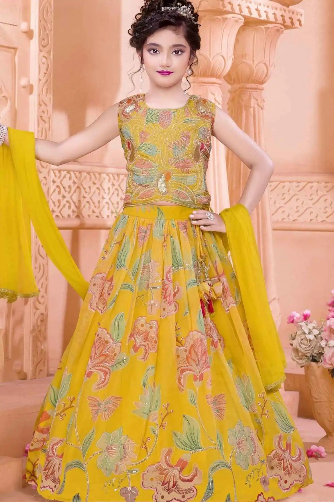 Mustard Yellow Floral Printed Lehenga Choli Set With Bead Embroidered Choli And Dupatta For Girls