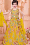 Mustard Yellow Floral Printed Lehenga Choli Set With Bead Embroidered Choli And Dupatta For Girls