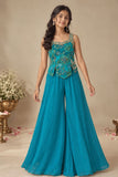 Blue Floral Embroidered Top With Palazzo And Dupatta Set
