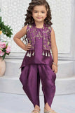 Purple Dhoti Set With Embroidered Kurti And Jacket For Girls