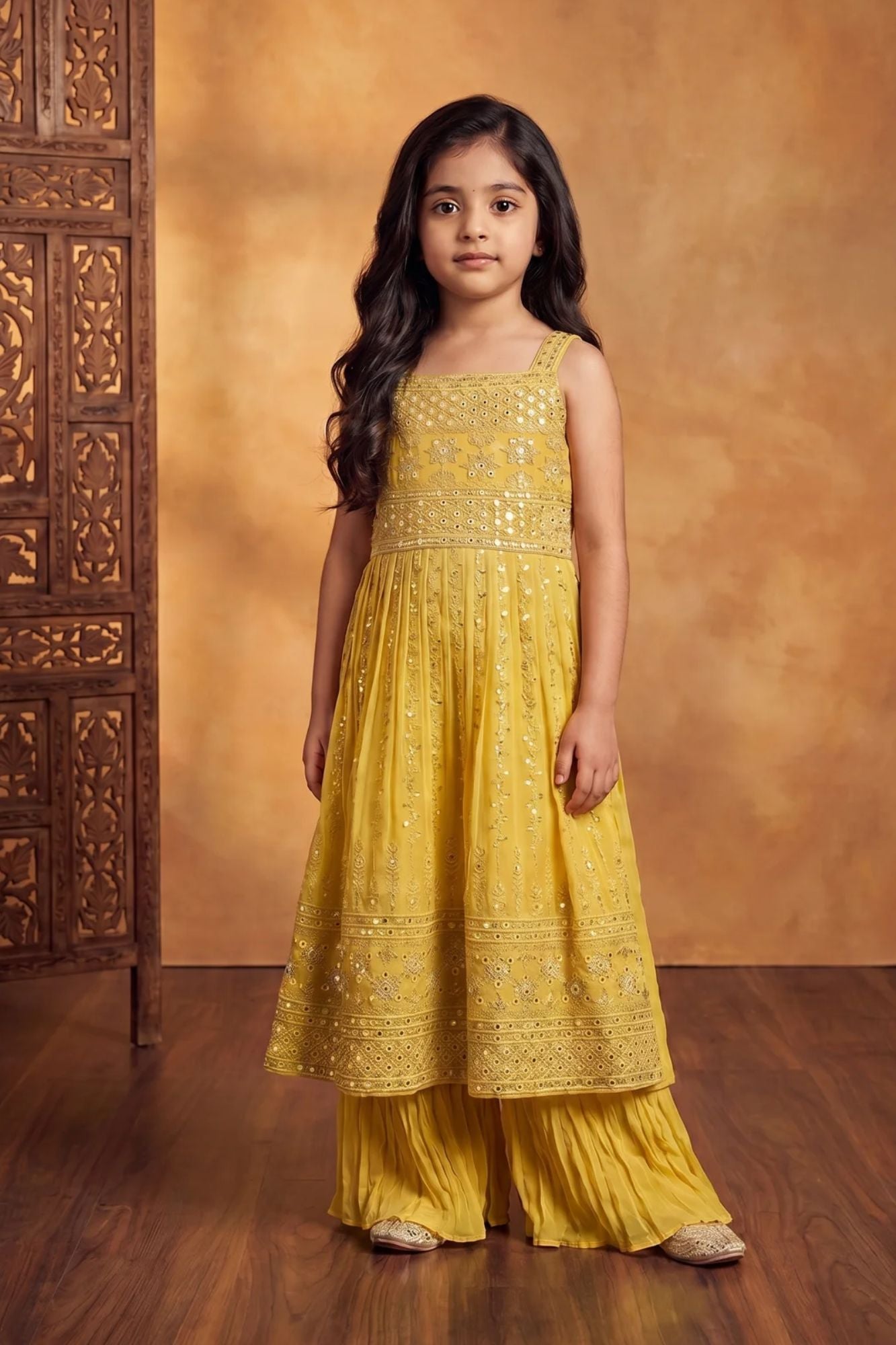 Girls Mustard Yellow Embroidered Palazzo Set