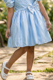 Blue Pleated Satin Party Wear Frock With Puff Sleeves For Girls