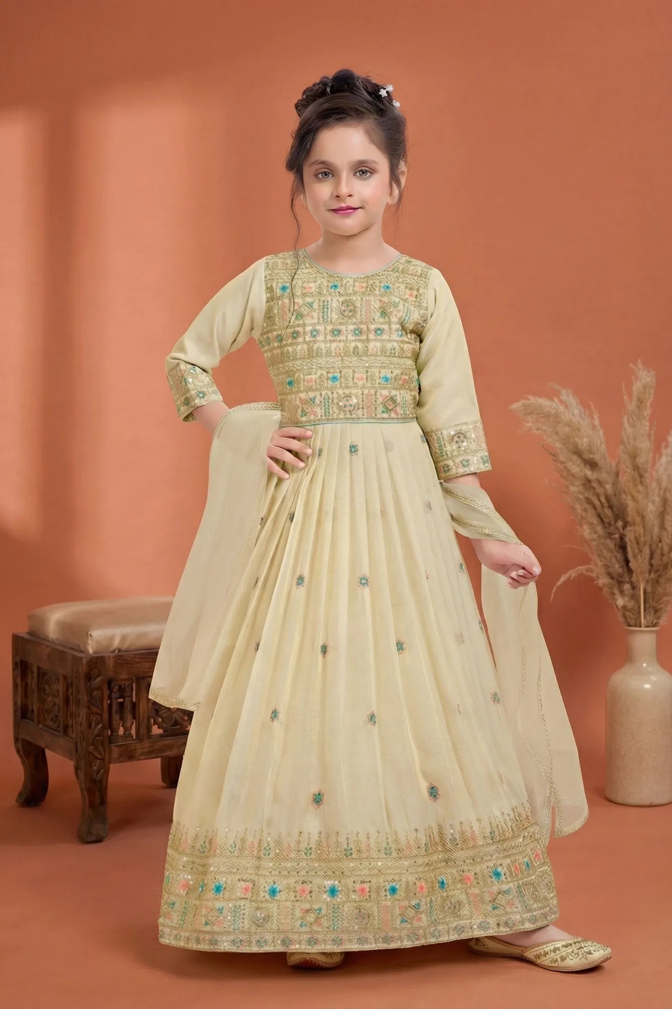 Cream Yellow Embroidered Ethnic Gown with Dupatta For Girls