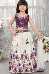 Purple And White Floral Printed Lehenga Choli Set With Sequins Work For Girls