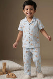 Blue Animal Print Cotton Night Suit Set For Boys